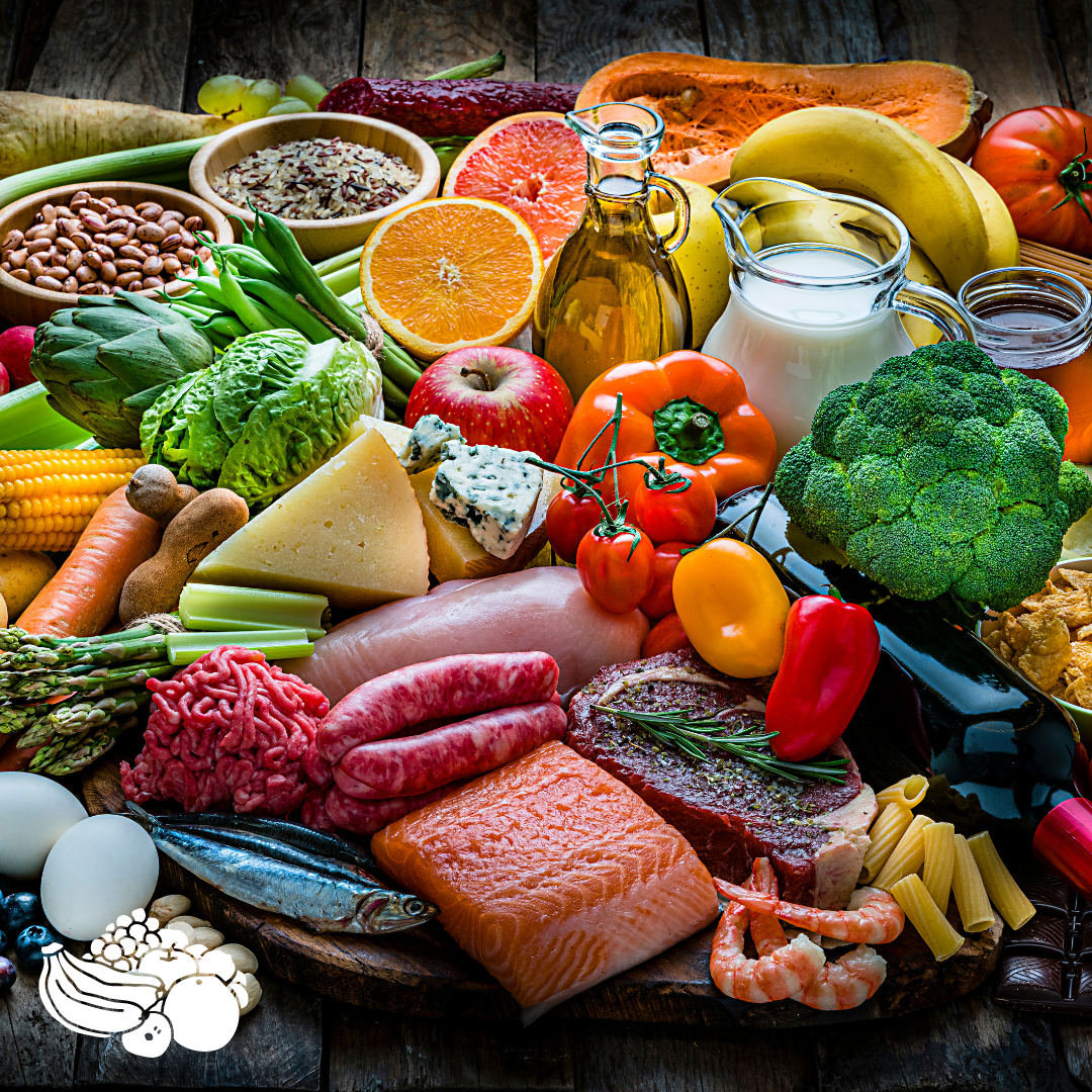  Variety of foods on a table.