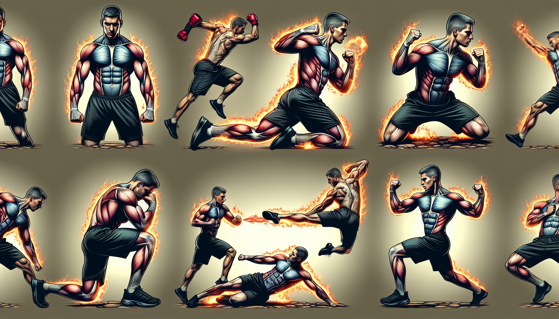 Illustration of a person performing targeted muscle group exercises like burpees and kickboxing