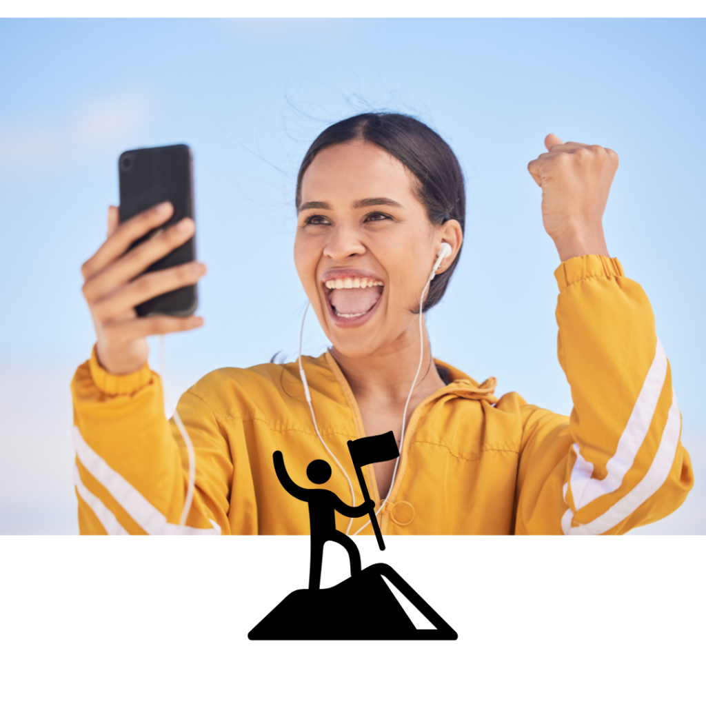 happy woman, phone and fitness winning celebrating for milestone